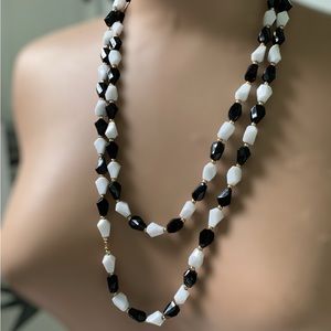 Vintage retro black & white plastic beaded 52” layerable necklace